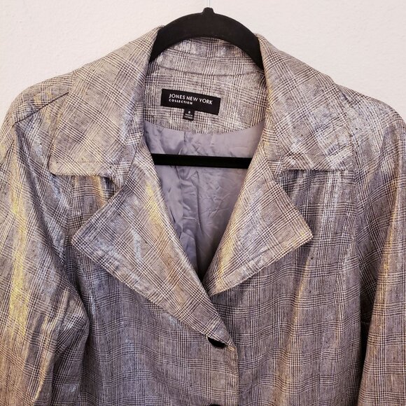 Vintage Jones New York Silver Metallic Plaid Linen Blend Jacket Size 8 GUC - Picture 3 of 11